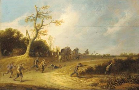 A dune landscape with bandits ambushing travellers in wagons