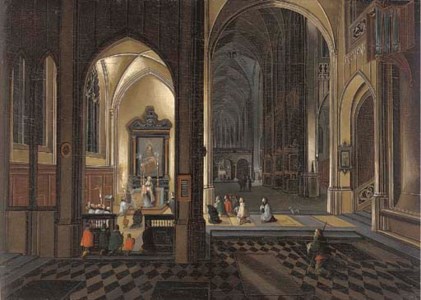 The interior of a Gothic Cathedral by night