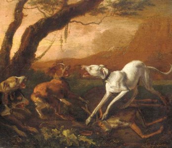 Dogs fighting ovar a dead stag in a landscape