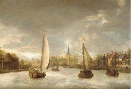 A town on the Vecht (?) with a yacht, a ferry and other boats
