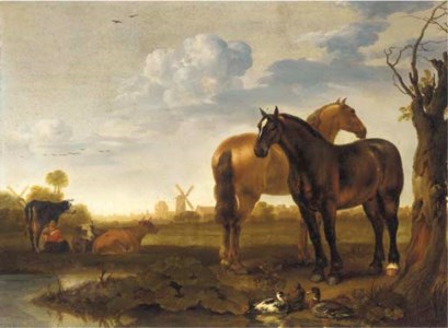 Two horses and a milkmaid with cows in a landscape with a pond, a view of a city beyond