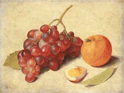 A bunch of grapes on the vine, an orange segment and an orange, with a leaf and a fly