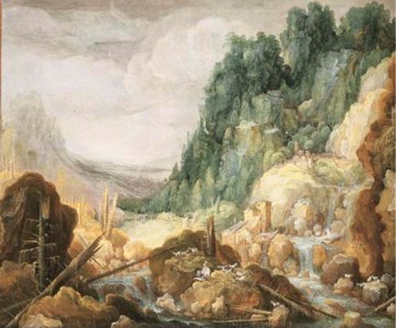 A mountainous river landscape with a goatherder resting on a rock, a watermill and a waterfall beyond