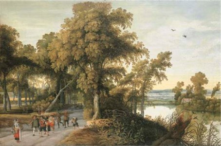 A wooded river landscape with soldiers, peasants and huntsmen on a path, a church through the trees beyond