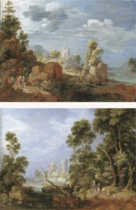A wooded river landscape with travellers and a dog on a path, cattle by a ford beyond; and A wooded river landscape with figures on a path
