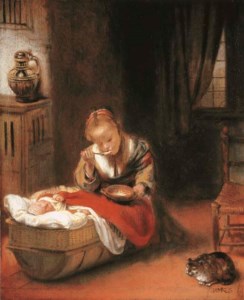 Nicolaes Maes, An interior with a young girl eating curds from a bowl, and an infant in a wicker cradle, a cat before a chair beside them