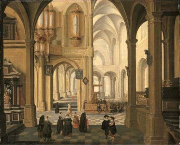 The interior of a church with a sermon in progress, a christening party in the foreground