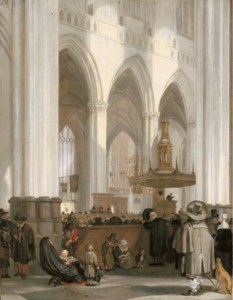 The interior of the Nieuwe Kerk, Amsterdam, looking north-east, with a sermon in progress