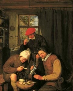 De Drinker : Three boors drinking and smoking in a spirit house