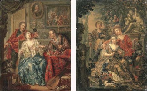 A young couple and a huntsman in a woodland garden; and An old man, his wife and her lover in an interior