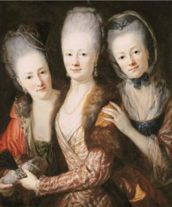 Group portrait of the daughters of Johann Julius von Vieth und Glossenau: Juliane Corline, Edle von der Planitz (1752-1832), Sophie Juliane Elisabeth, Gräfin d'Agrollo (1748-1832) and Juliane Charlotte, Gräfin von Todtleben (1754-1840), half-length, in lace-lined dresses and with powdered hair, holding a plumed cap