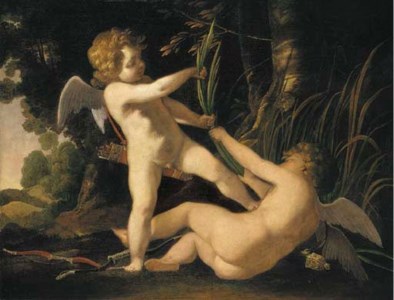 Two winged putti disporting in a landscape