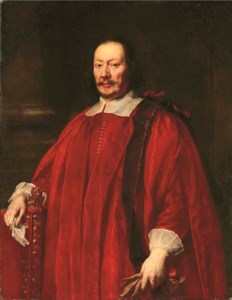 Portrait of a gentlemen, three-quarter-length, in crimson robes of office, resting his right hand on a chair with a letter, and gloves in his left hand