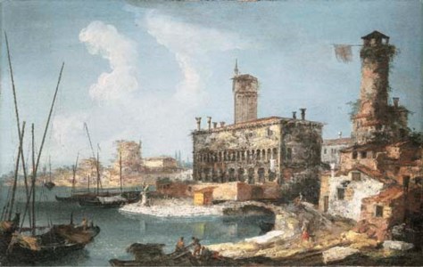 A capriccio landscape with a medieval palace and a tower