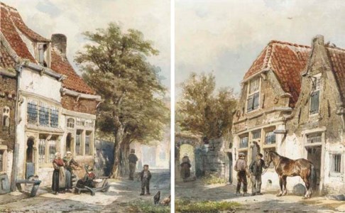 Washerwomen in a village street; and Grooms with a horse