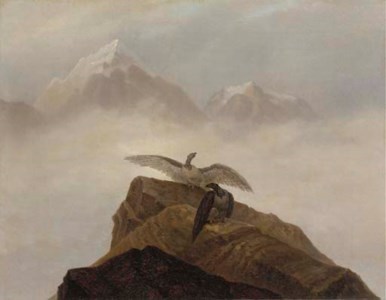 Phantasie aus der Alpenwelt. Adler, die auf einem Alpenhorn nisten