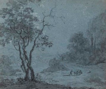 A man and two donkeys in a wooded landscape