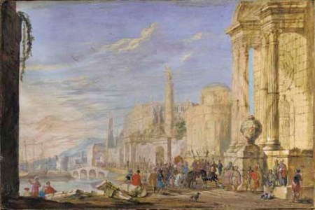Un caprice architectural avec un cortège au premier plan