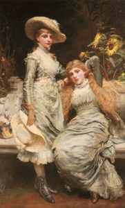 Portrait of the Misses Wilson of Tranby Croft, full-lengths, one standing, in pale blue satin dresses, in a garden