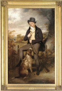 Portrait of Richard Thompson, full-length, in a dark coat with a yellow waistcoat, seated on a fence holding a gun and powder flask, a retriever at his feet