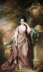 Portrait of Mrs. William Colquhoun of Wrotham, Norfolk, full-length in a lilac dress with a cloak, leaning against an urn in a landscape