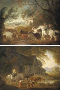 A farmyard with cattle, and a woman on horseback with a child; and Figures and cattle by a stream, with a cottage beyond