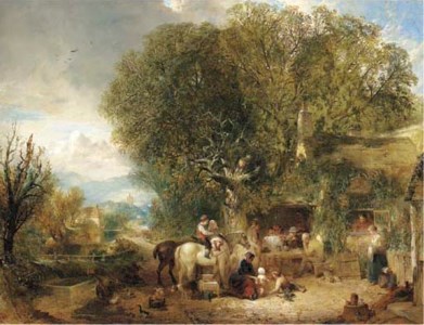 Figures by a cottage in an extensive wooded landscape