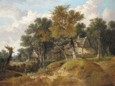 A wooded landscape with cottages and a figure resting by a stream