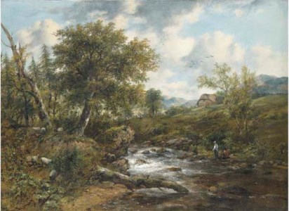 A wooded river landscape with fishermen and sheep on the banks, a cottage beyond