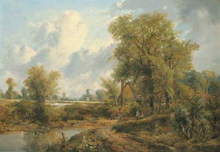 Wooded landscape with figures by a cottage and a church beyond