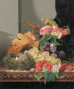 Plums, strawberries and grapes in a tazza, with black and white grapes, raspberries and a bird's nest on a wooden ledge