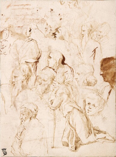 A sheet of figure studies, mostly the heads of bearded men