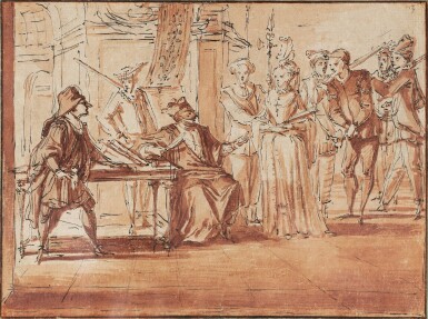 Farcical scene with Harlequin as a police commissioner