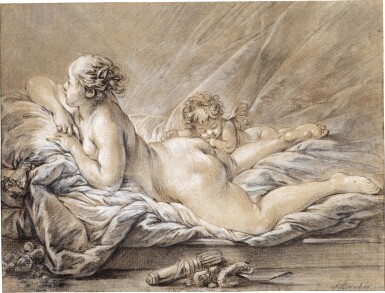 Recumbent Female Nude, with Cupid