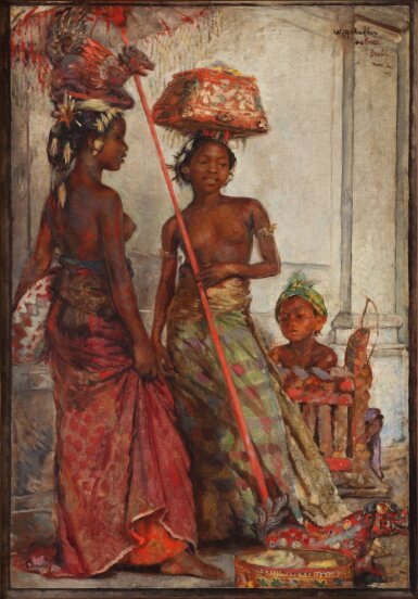 Willem Gerard Hofker 威廉·傑拉德·賀夫卡 | Melis, composition featuring Ni Dablig with Ni Gemblong with a boy behind the gender music instrument 梅利斯，峇里倆女子與男孩