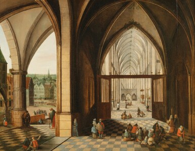 An Imaginary Church Interior with a Town beyond