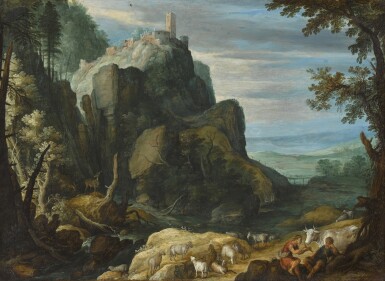 An extensive mountainous landscape with shepherds, animals and a castle beyond