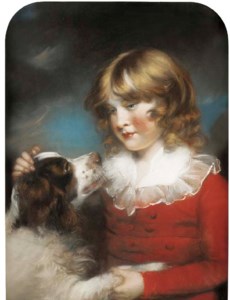 Portrait of a young boy, half-length, in a red coat and white collar, with a spaniel