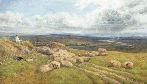 A shepherd and his flock in a meadow (illustrated); and Returning home