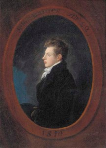 Portrait of John Baines aged 22, half-length, in profile, in a black coat, feigned oval