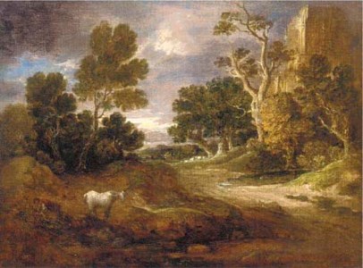 A wooded landscape with a ruined tower, woodcutter, horse and sheep