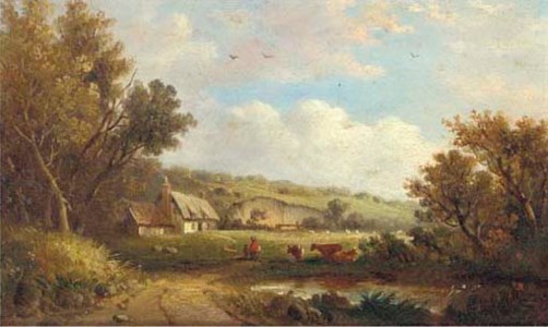 Cattle and figures before a cottage