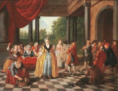 Elegant company dancing and feasting on a terrace
