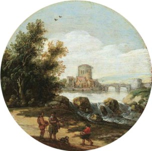 A river landscape with travellers on a path near a waterfall, a small village beyond