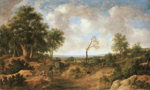 A wooded landscape with travellers in wagons on a road