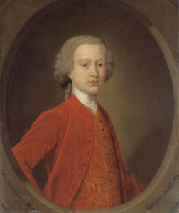 Portrait of Lord Charles Gordon (c.1721-1780), aged 17, half-length, in a red coat with a gold-embroidered waistcoat, feigned oval