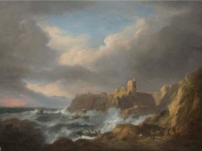 View of Dunnottar Castle, with figures on a beach watching a ship on the rocks