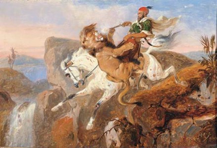 The last embrace of foes: a Bedouin horseman attacked by a lion