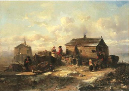 A fisher family from Marken conversing by a hut in winter