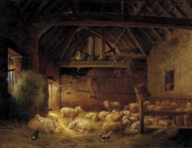 A flock of sheep in a stable